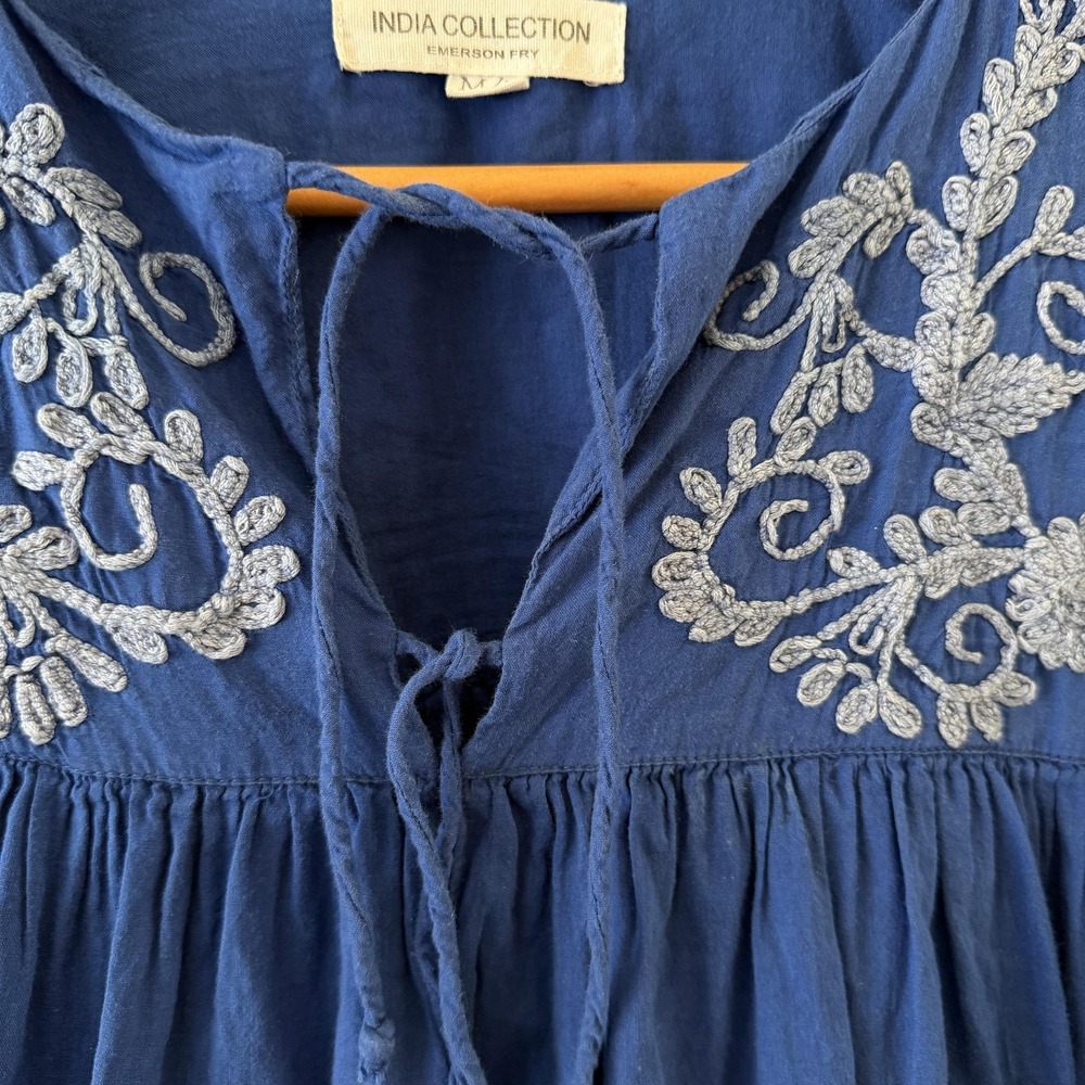 Emerson Fry India Embroidered Tunic Top Womens M/L Blue Organic Cotton Boho - Picture 4 of 10